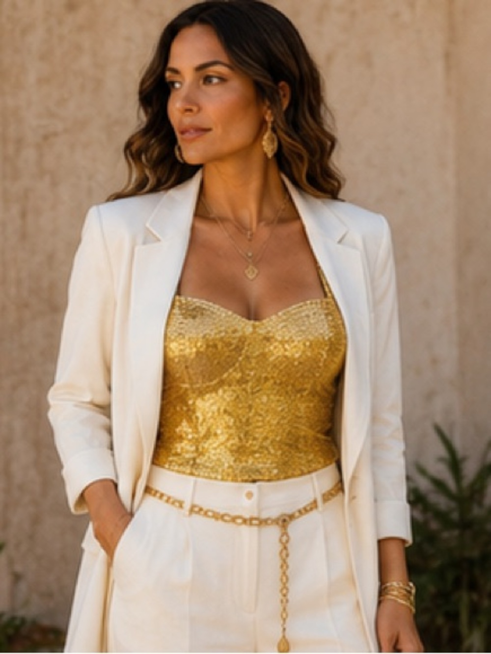 Ultra Gold Sequin Halter Bustier Crop Top - Size M